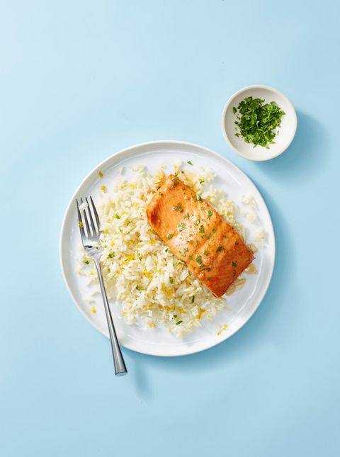 garlic butter salmon served with white rice