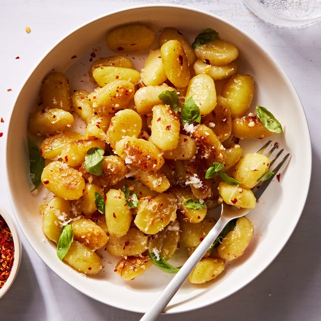 garlic parm gnocchi with red pepper flakes and basil