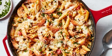 shrimp in an alfredo pasta bake