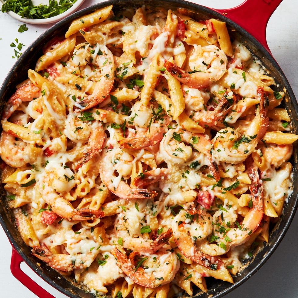 shrimp in an alfredo pasta bake