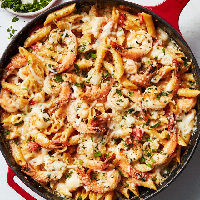 Garlicky Shrimp Alfredo Bake shrimp in an alfredo pasta bake