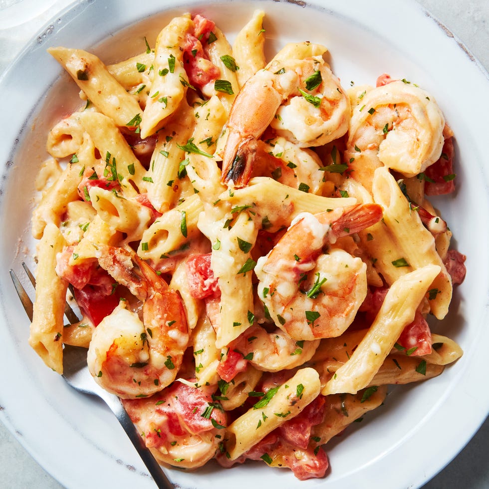 shrimp in an alfredo pasta bake