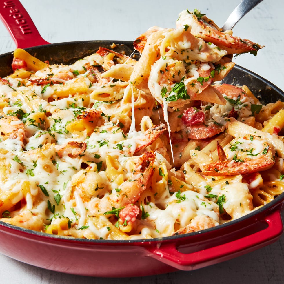 shrimp in an alfredo pasta bake