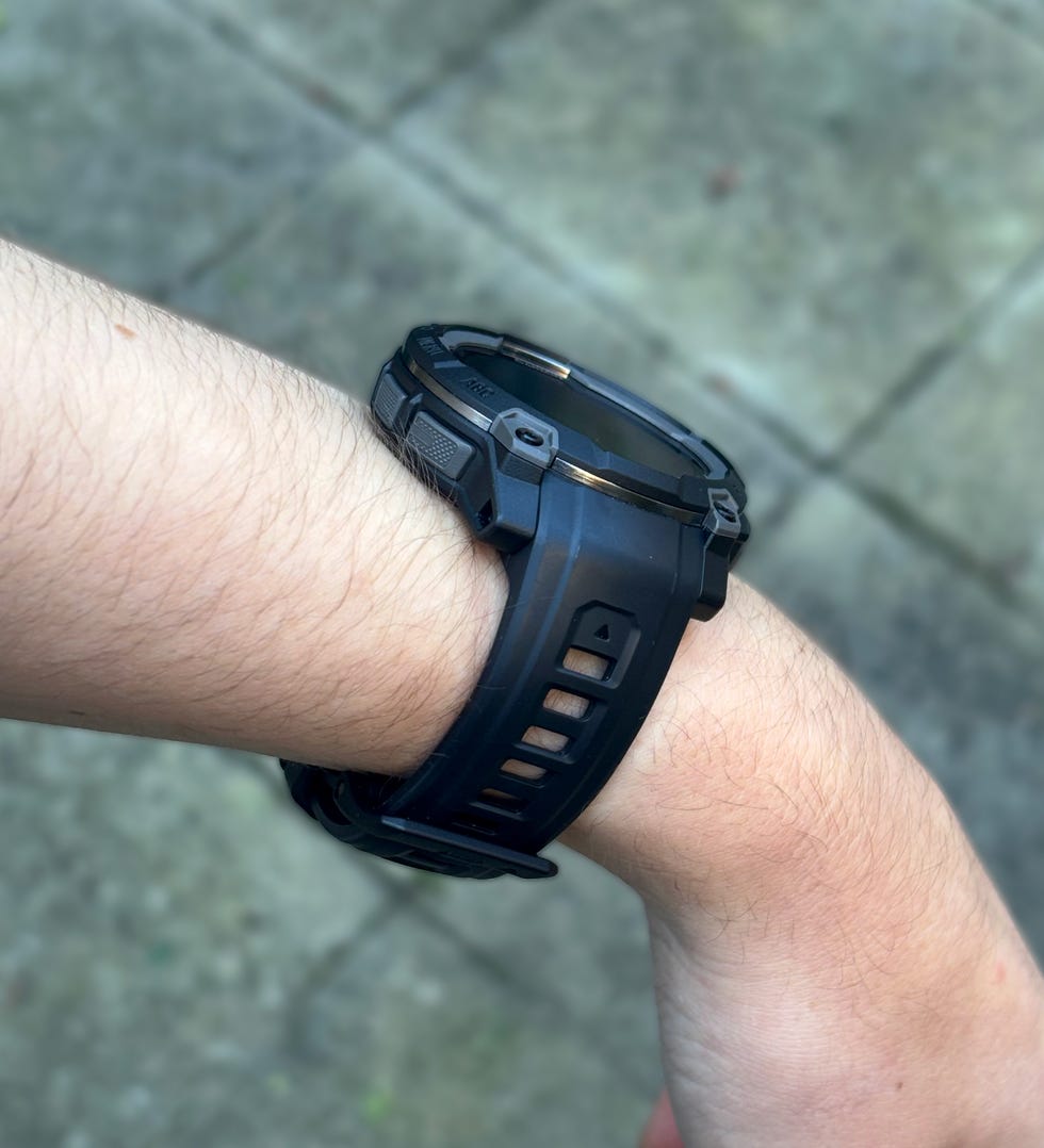 digital wristwatch worn on a human arm
