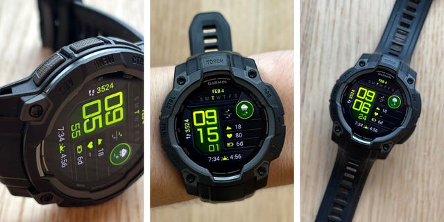 three different images of a black smartwatch displayijg the time