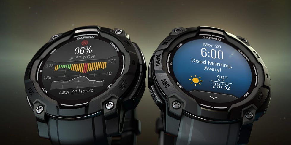 garmin smartwatch displaying health statistics and time with notifications