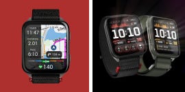 two fitness smartwatches displaying different health and navigation metrics