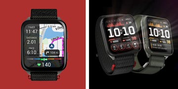 two fitness smartwatches displaying different health and navigation metrics