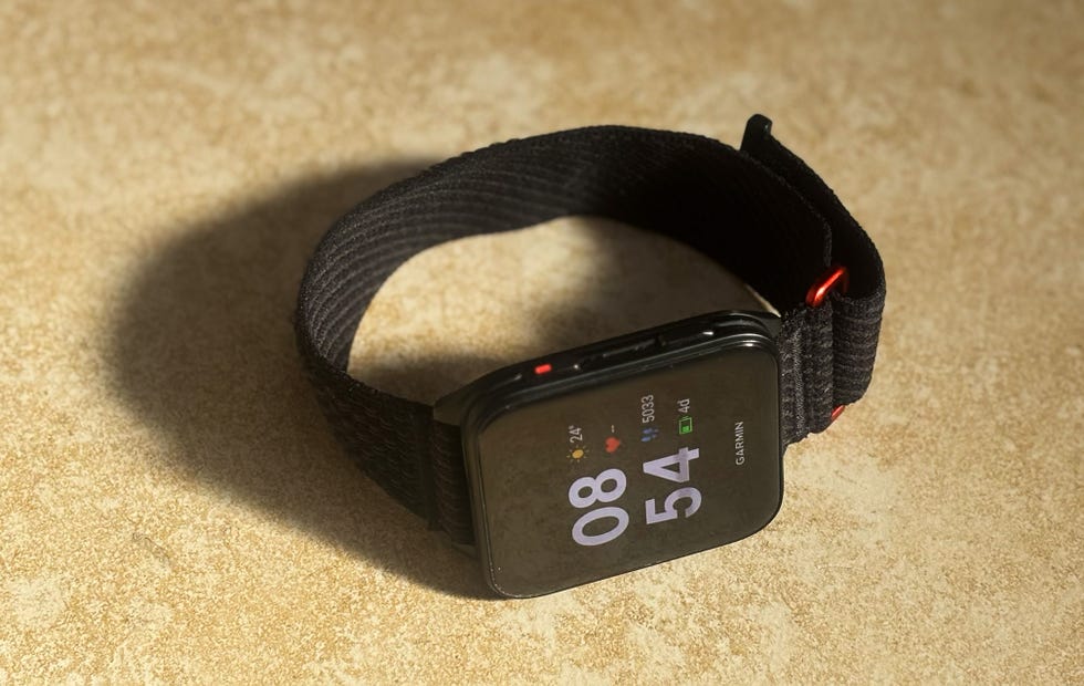Smartwatch shows time and fitness metrics
