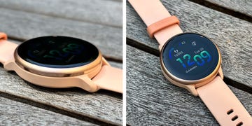 close up of a pink smartwatch with a bright colourful display screen