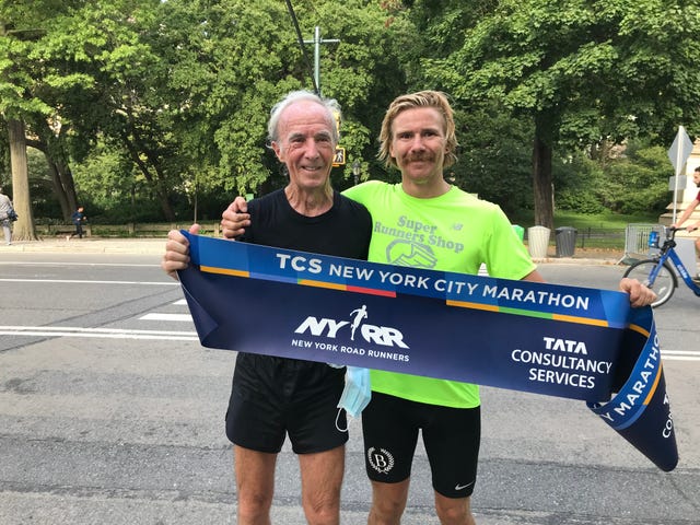 gary muhrcke and his grandson on the 50th anniversary of the nyc marathon