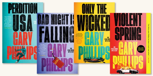 collection of book covers by gary phillips featuring titles related to detective fiction