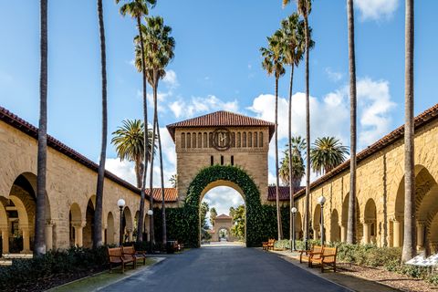 gate to the main quad at stanford university campus 
 palo alto  california usa