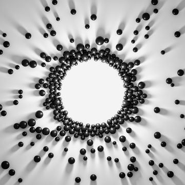 gathering of black spheres to the center light attraction of objects with long shadows 3d abstract concept of collaboration magnetic attraction of objects to central formation render