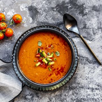gazpacho cold tomato soup with cucumber topping