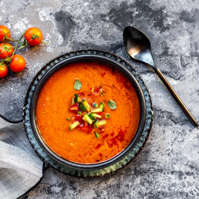 gazpacho cold tomato soup with cucumber topping