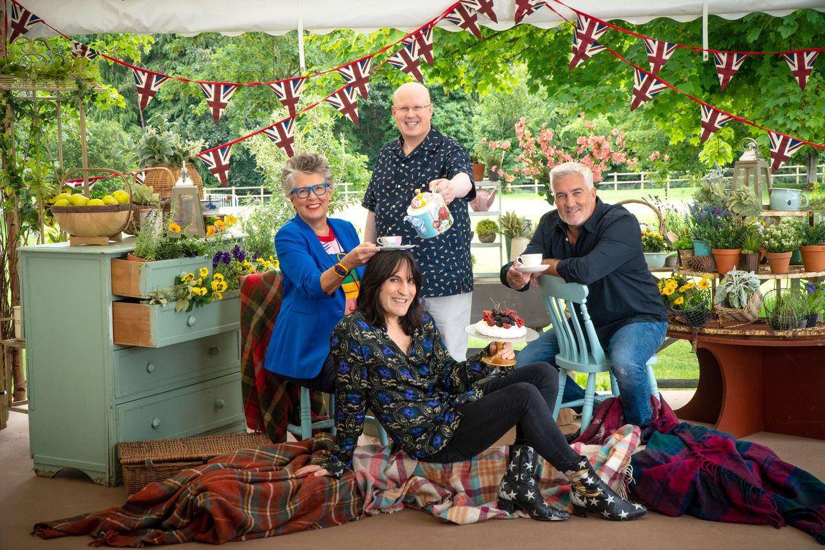 great british baking show l to r prue leith, noel fielding, matt lucas, and paul hollywood in collection 8 of great british baking show cr mark bourdillonnetflix © 2021