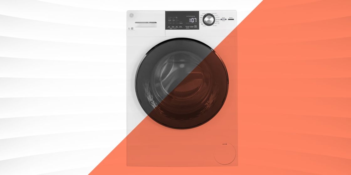 ge front load washer in white against orange and white background