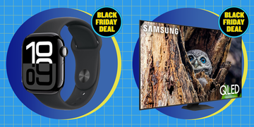 promotional display featuring a smartwatch and a qled television both marketed as black friday deals