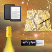 a bottle of wine, a purse, an e reader, and a serum on a background of a starry sky