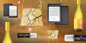 a bottle of wine, a purse, an e reader, and a serum on a background of a starry sky