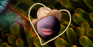 a planet wearing a cowboy hat inside a heart shaped rope