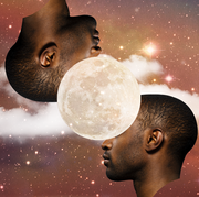 the profile of a man with dark sin, short hair, and stubble is shown twice, once right side up and once flipped upside down, and in the middle of the two profiles there's a full moon
