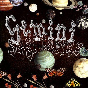 the words gemini and sagittarius in a squiggly font, surrounded by flowers and planets