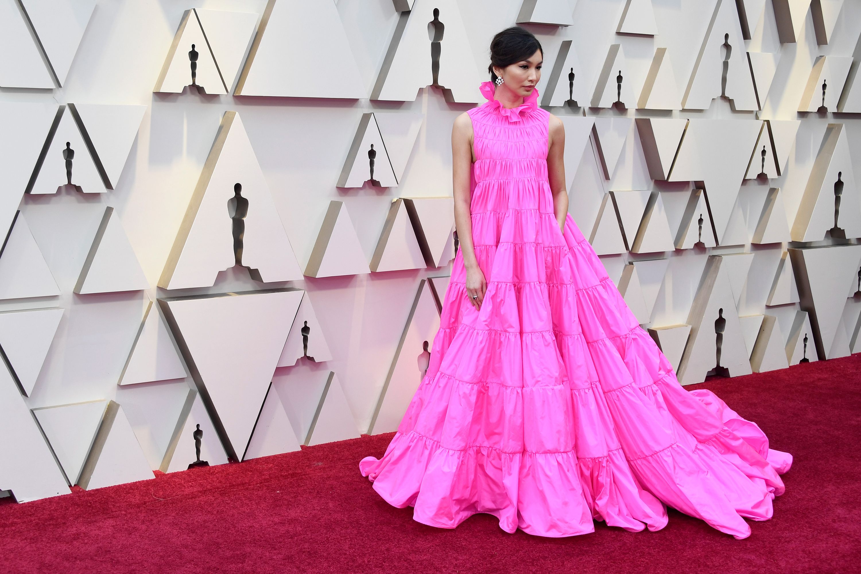 Gemma Chan s parachute pink dress is an Oscars red carpet triumph