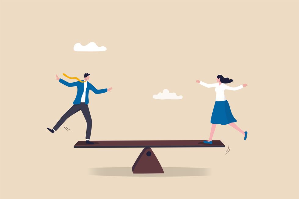 gender equality, treat female and male equally, diversity or balance, fairness and justice concept, businessman and businesswoman balancing on equal seesaw