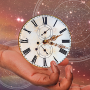 a hand holds out a giant clock in front of a constellation map in a starry sky