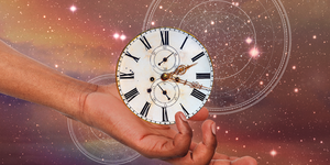 a hand holds out a giant clock in front of a constellation map in a starry sky