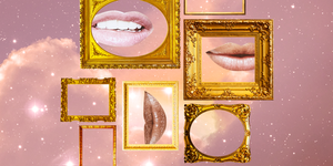 slightly smiling lips are placed inside golden picture frames in a pink starry sky