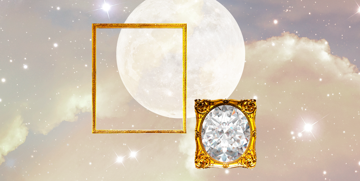 a full moon, an empty golden picture frame, and a diamond in a gold picture frame align in a cloudy, starry sky