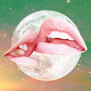 two disembodied lips kiss over a background of a full moon and green starry sky