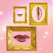 three smirking lips are placed in gold picture frames in a pink starry sky