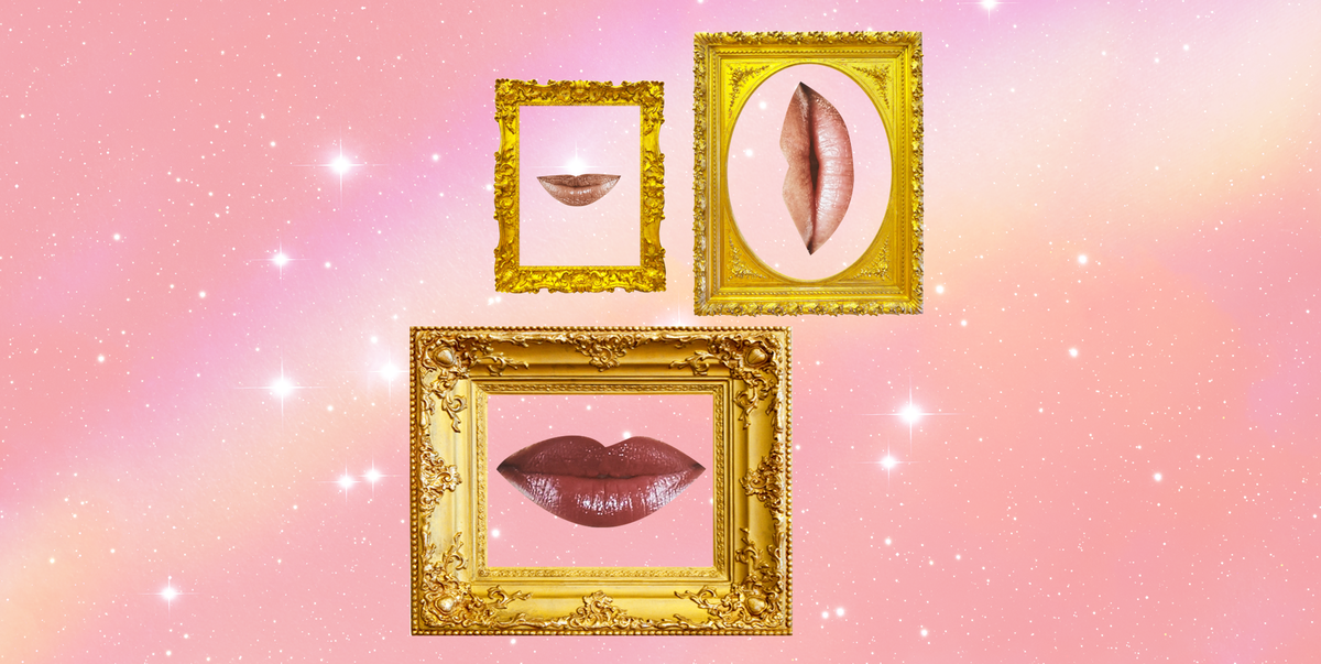 three smirking lips are placed in gold picture frames in a pink starry sky
