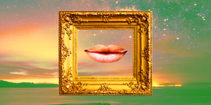 slightly smiling lips are inside a golden picture frame in a green sky