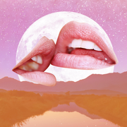 Sagittarius and Pisces Compatibility two disembodied pairs of lips kiss over a full moon and a pink landscape