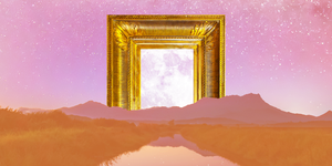 a full moon inside a golden picture frame rises over a pink mountain range in a pink starry sky