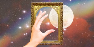 a hand reaches through a golden picture frame towards a full moon