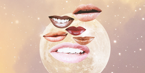 six cutouts of mouths, some showing teeth and others not, are placed over a full moon in a starry sky