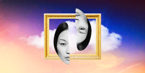 a woman's face, divided into halves, sits in the center of a gold frame in a purple cloudy sky