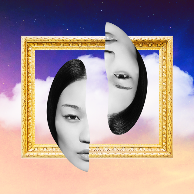 a woman's face is split in two halves over a golden picture frame in a cloudy purple sky