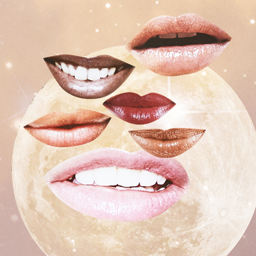 cutouts of different mouths are placed over a full moon in a pastel sky