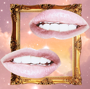 two mouths lightly biting their lips are placed over a golden picture frame and a pink cloudy, starry sky