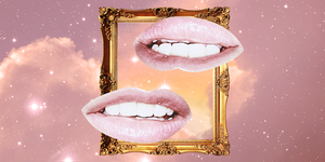two sets of mouths, both biting their lips, are arranged in a pink sky over a golden picture frame