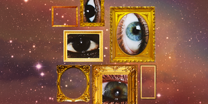 different people's eyes look out from different golden picture frames over a background of a dark starry sky