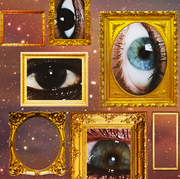 different eyes in picture frames are placed over a rainbow sky