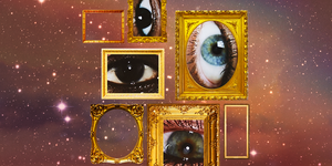 disembodied eyes in golden frames are placed in a dark starry sky